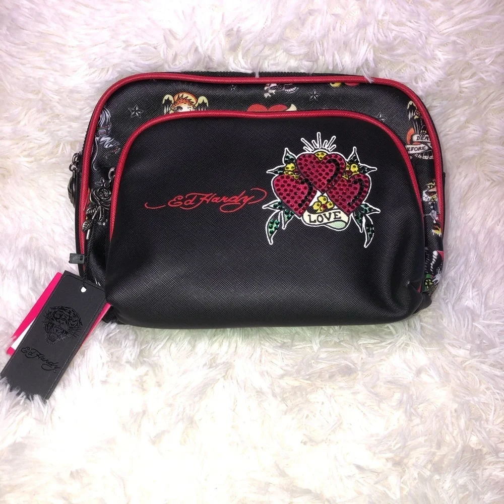 Ed Hardy Black Cosmetic Bag with Red Trim and Heart Graphic